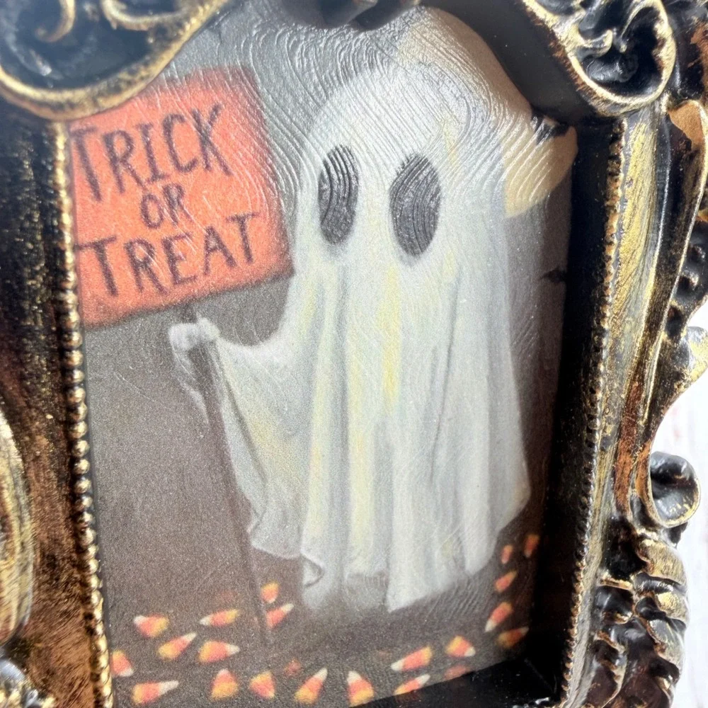 Handmade Ornate Ghost Trick or Treat Decoupage Resin Frame Halloween Decor